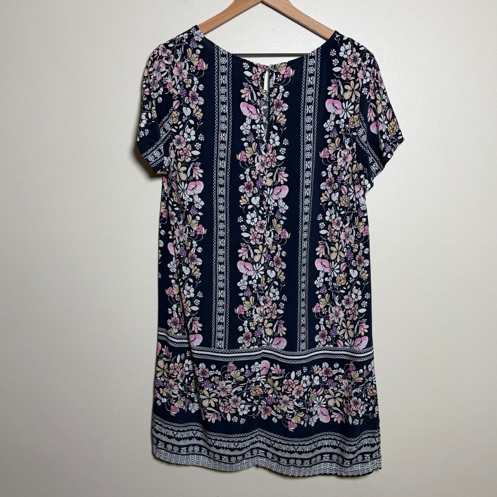Minkpink Navy Blue Floral Border Print Viscose Short Sleeve Shift Mini Dress S - Picture 7 of 8